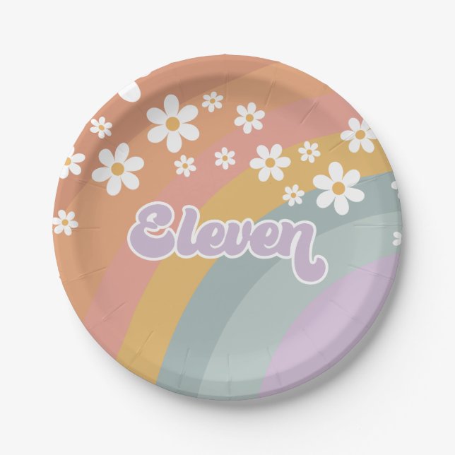 Groovy Retro Rainbow Eleventh Birthday Paper Plate (Front)