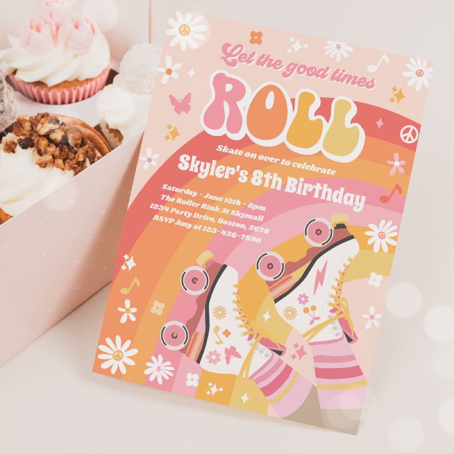 Groovy Retro Rainbow Roller Skating Birthday Party Invitation (Creator Uploaded)