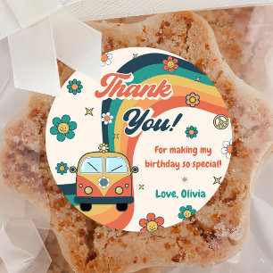 Groovy Retro Rainbow Thank You Birthday Party Clas Classic Round Sticker