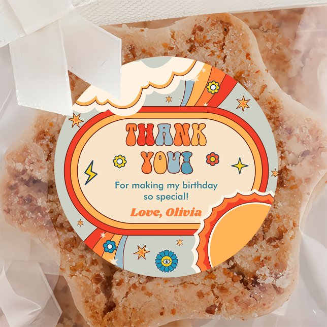 Groovy Retro Rainbow Thank You Birthday Party Classic Round Sticker (Creator Uploaded)
