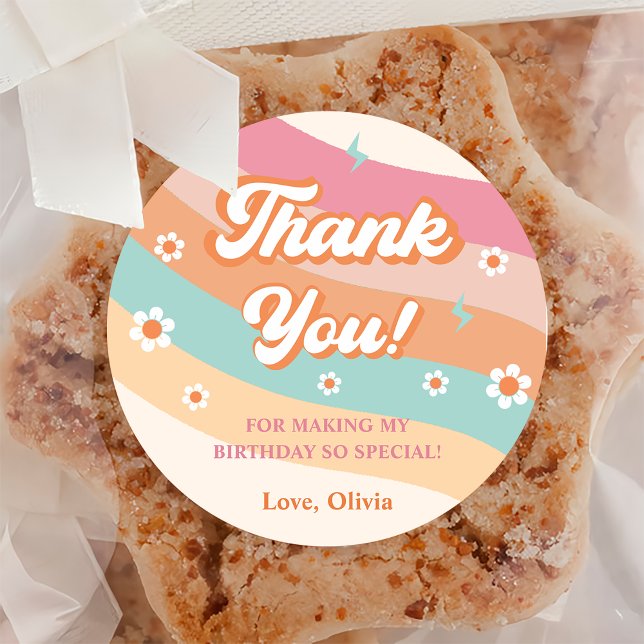Groovy Retro Rainbow Thank You Birthday Party  Classic Round Sticker (Creator Uploaded)