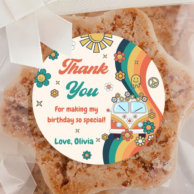 Groovy Retro Rainbow Thank You Birthday Party Classic Round Sticker (Creator Uploaded)