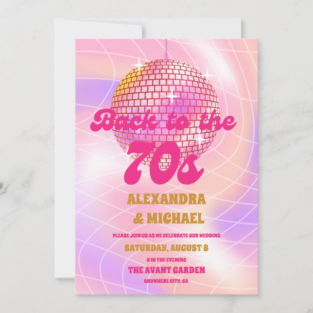 Groovy Retro Roller Pink and Gold Wedding Invitation (Front)