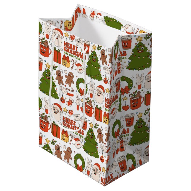 Groovy Retro Santa Christmas Pattern Medium Gift Bag (Front Angled)