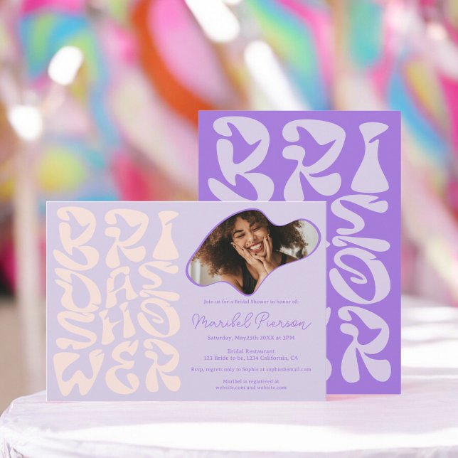 Groovy retro Script lavender Photo bridal shower Invitation (Groovy retro Script lavender Photo bridal shower Invitation)