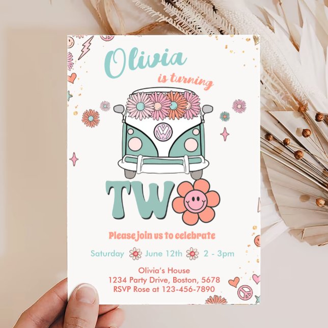 Groovy Retro Smile Flowers 2nd Birthday Invitation (Creator Uploaded)