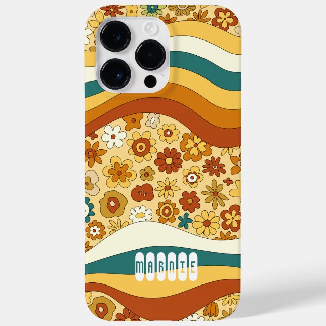 Groovy Retro Stripe Flower Child Monogram Name Case-Mate iPhone Case (Back)