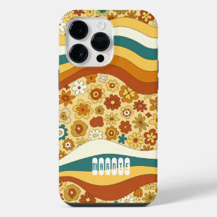 Groovy Retro Stripe Flower Child Monogram Name iPhone 14 Pro Max Case