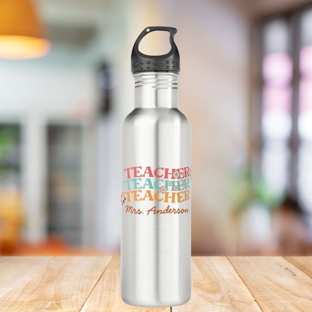 Groovy Retro Teacher in Colourful 70s Style 710 Ml Water Bottle (In situ)
