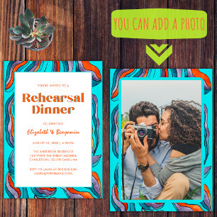 Groovy Retro Teal Photo Wedding Rehearsal Dinner Invitation
