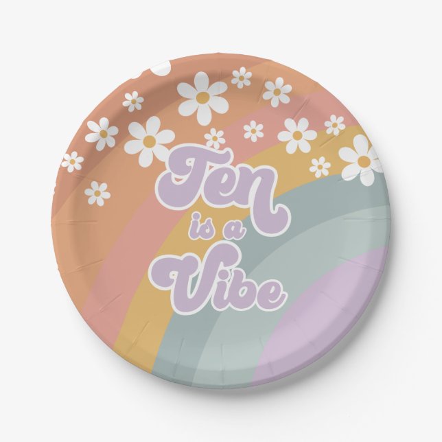 Groovy Retro Ten is a Vibe Rainbow Paper Plate (Front)