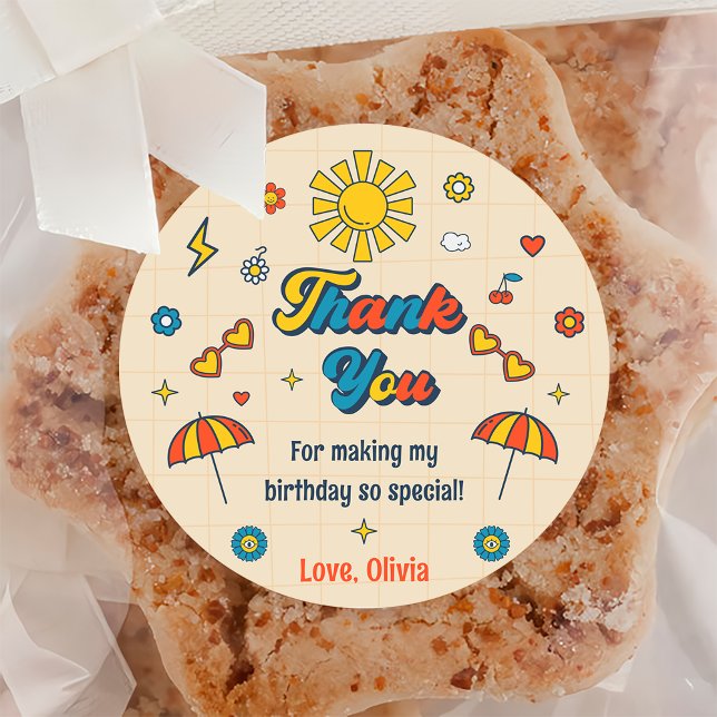 Groovy Retro Thank You Birthday Party Classic Round Sticker (Creator Uploaded)