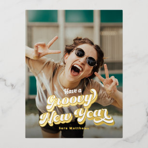 Groovy Retro Typography Happy New Year Foil Holiday Postcard
