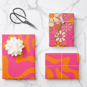 Groovy Retro Vintage 60s Hot Pink Orange Patterns Wrapping Paper Sheet