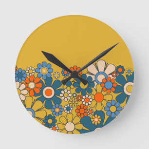 Groovy Retro Vintage Aesthetic Flowers Round Clock
