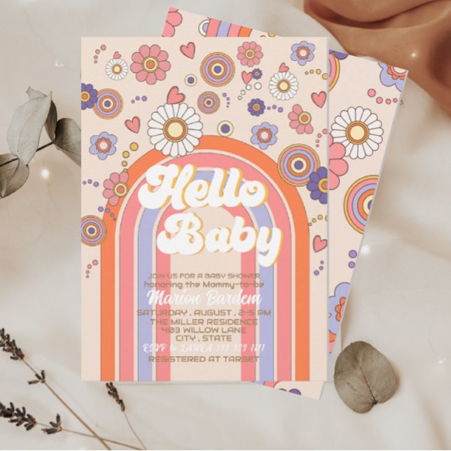 Groovy retro watercolor hello baby shower invitation (Creator Uploaded)