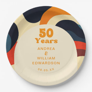 Groovy Retro Wavy Boho 50th Wedding Anniversary Paper Plate
