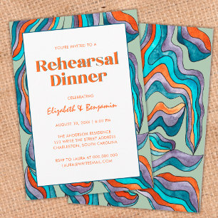 Groovy Retro Wavy Green Wedding Rehearsal Dinner Invitation
