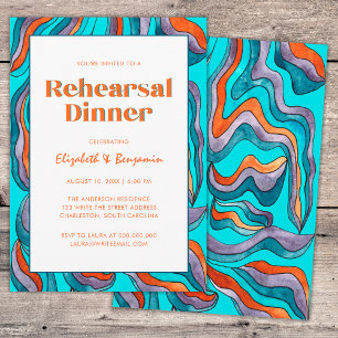 Groovy Retro Wavy Teal Wedding Rehearsal Dinner Invitation