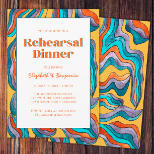 Groovy Retro Wavy Yellow Wedding Rehearsal Dinner Invitation