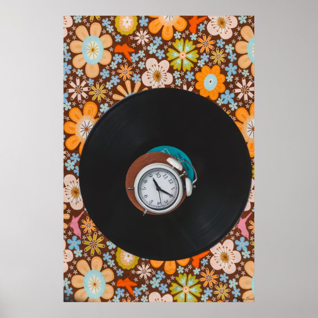 Groovy Rhythm: Vinyl Record & Retro Alarm Clock Ar Poster (Front)