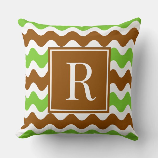 Groovy Ric Rac Stripe - Horizontal Brown & Lime Cushion (Front)