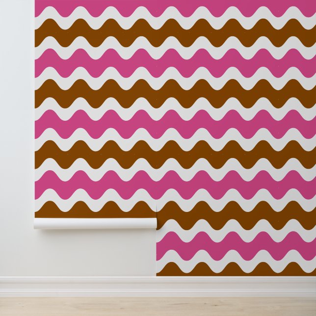 Groovy Ric Rac Stripe Horizontal Hot Pink & Brown Wallpaper (Application)