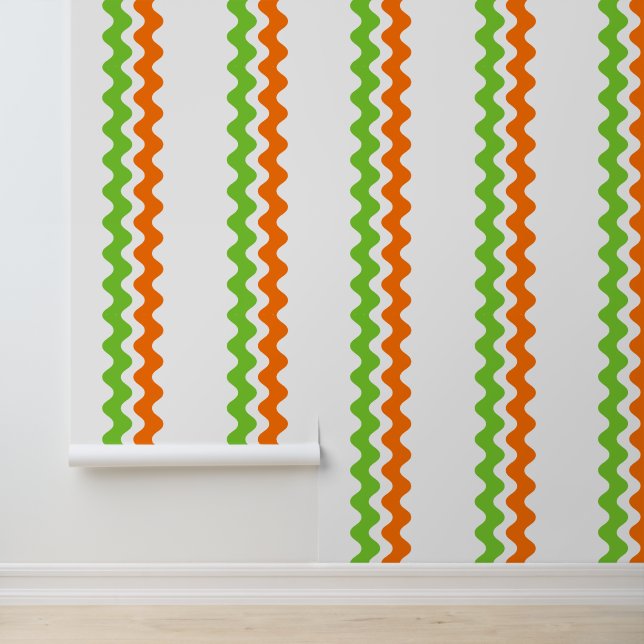Groovy Ric Rac Stripe - Vertical Orange & Lime Wallpaper (Application)