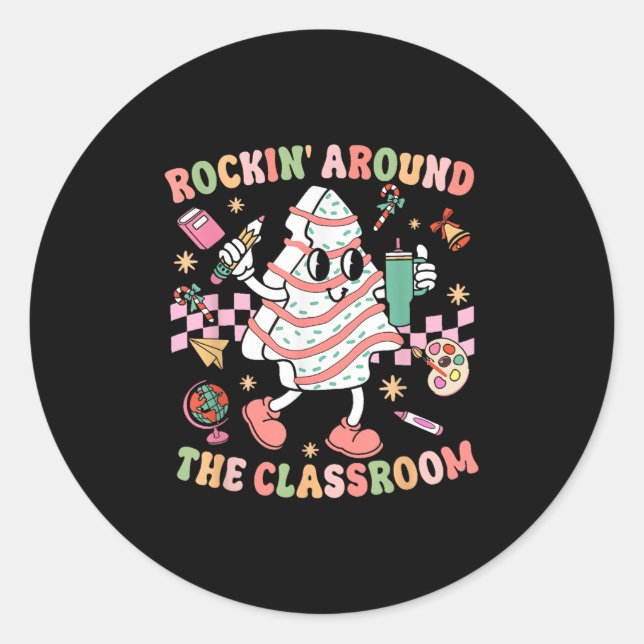 Groovy Rocking Around Clroom Teacher Christmas Tre Classic Round Sticker (Front)