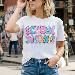 Groovy School Nurse Retro Colorful Bubble Letter T-Shirt