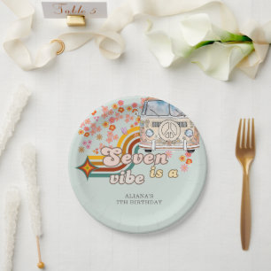 Groovy Seven is a vibe daisy Van 7th birthday Paper Plate