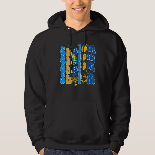 Groovy Shalom Peace Jewish Hanukkah Jewish Dreidel Hoodie (Front)