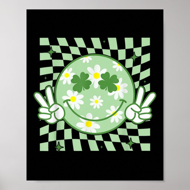 Groovy Shamrock Smile Face St Patricks Day Men Kid Poster (Front)