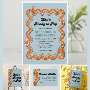 Groovy Shes Ready to Pop Girl Dusty Blue Invitation