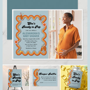 Groovy Shes Ready to Pop Retro Dusty Blue Photo Invitation