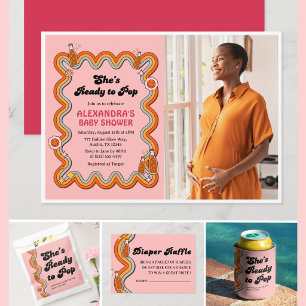 Groovy Shes Ready to Pop Retro Dusty Rose Photo Invitation