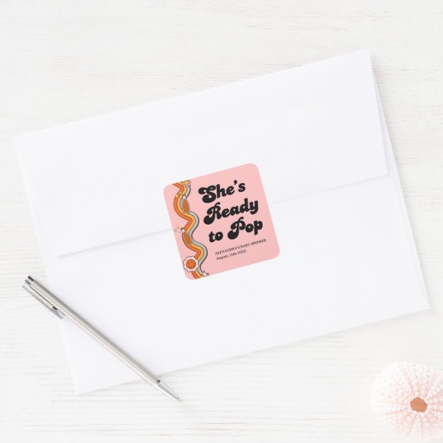 Groovy Shes Ready to Pop Retro Dusty Rose Square Sticker (Envelope)