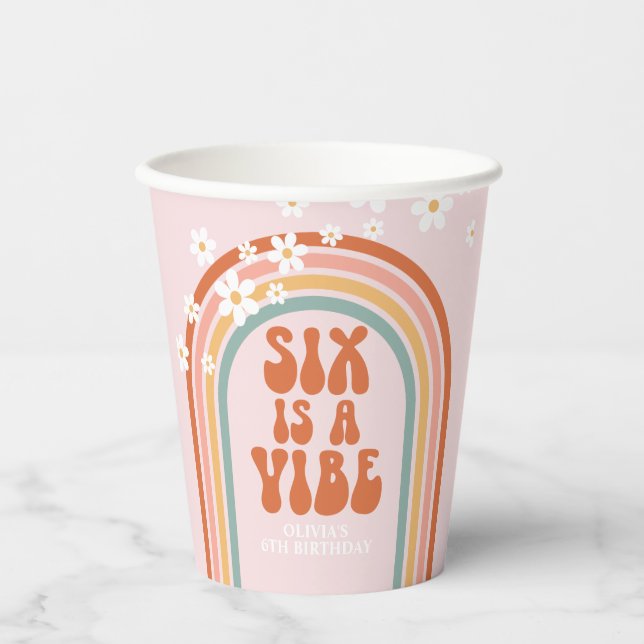 Groovy Six is a vibe daisy rainbow 6th birthday Paper Cups (Front)