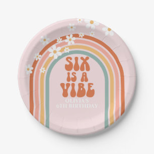 Groovy Six is a vibe daisy rainbow 6th birthday Paper Plate