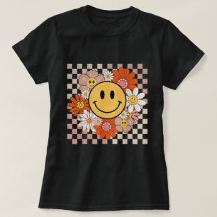 Groovy Smile Happy Face Flowers Chequered Hippie T-Shirt