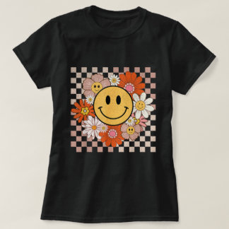 Groovy Smile Happy Face Flowers Chequered Hippie T-Shirt