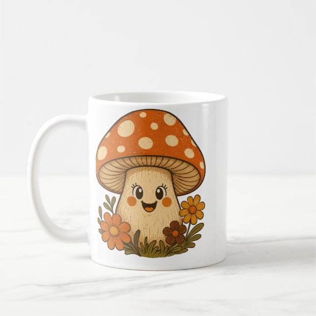 Groovy Smiling Retro Mushroom Coffee Mug (Left)