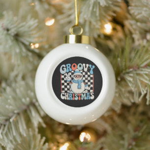 Groovy Snowman Chequered Christmas Xmas Kids Snow Ceramic Ball Christmas Ornament