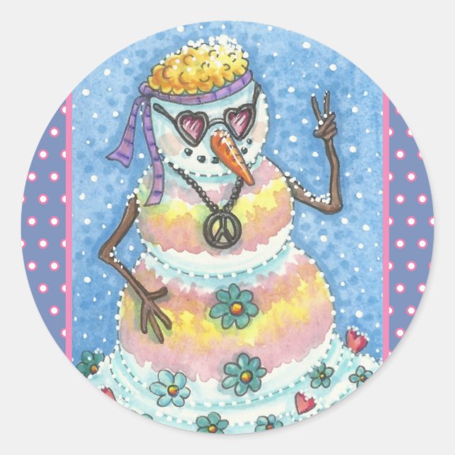 GROOVY SNOWMAN, PEACE SIGN CHRISTMAS STICKERS Rnd (Front)