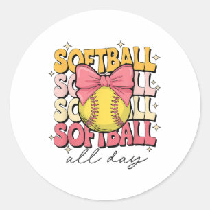Groovy Softball Coquette Bow Softball Lover Softba Classic Round Sticker