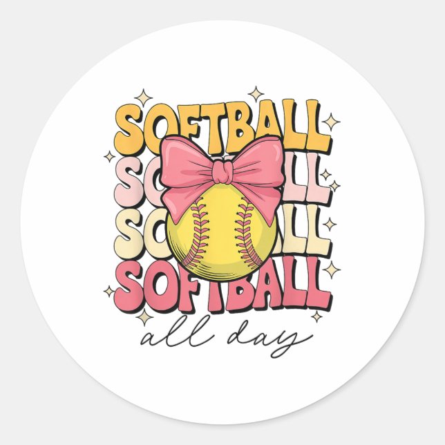 Groovy Softball Coquette Bow Softball Lover Softba Classic Round Sticker (Front)