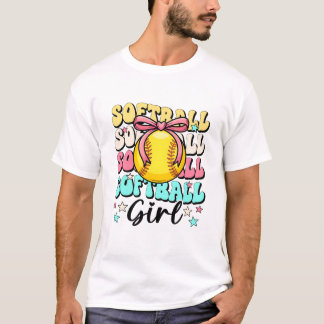 Groovy Softball Girl Girls Coquette Bow Softball W T-Shirt