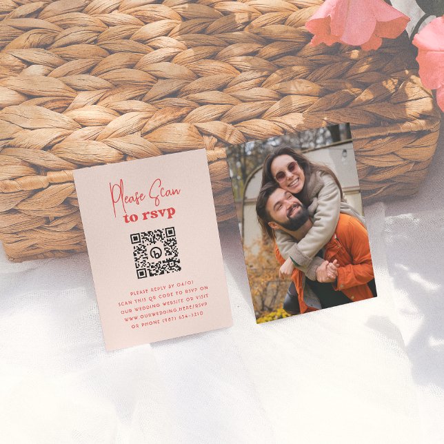 Groovy Sparkle Pink Red Photo QR Code Wedding RSVP Enclosure Card (Creator Uploaded)