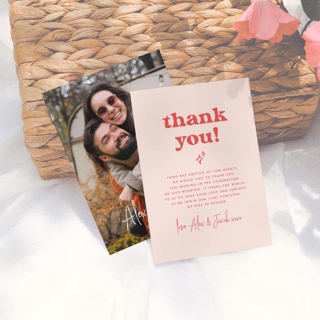Groovy Sparkle Retro 70s Pink & Red Photo Wedding Thank You Card (Creator Uploaded)