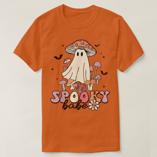 Groovy Spooky Babe Vibes Retro Floral Ghost Hippie T-Shirt (Design Front)